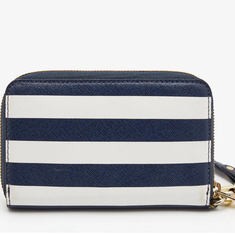 Michael Kors Blue/White Leather Striped Zip Around Wallet